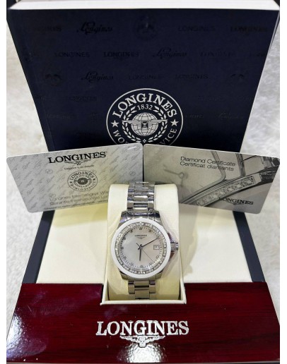 LONGINES CONQUEST REF L3.281.0.87.6 MOTHER OF PEARL DIAL DIAMOND BEZEL 34MM QUARTZ WATCH
