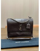 YSL YVES SAINT LAURENT BROWN CROCODILE EMBOSSED LEATHER SUNSET BAG