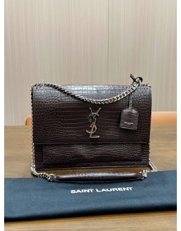 YSL YVES SAINT LAURENT BROWN CROCODILE EMBOSSED LEATHER SUNSET BAG