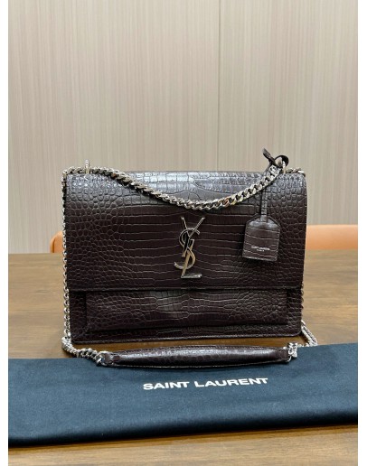 YSL YVES SAINT LAURENT BROWN CROCODILE EMBOSSED LEATHER SUNSET BAG