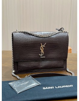 YSL YVES SAINT LAURENT BROWN CROCODILE EMBOSSED LEATHER SUNSET BAG