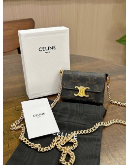 CELINE COIN PURSE / WALLET IN TRIOMPHE CANVAS & GOLD HARDWARE WITH CROSSBODY CHAIN