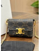 CELINE COIN PURSE / WALLET IN TRIOMPHE CANVAS & GOLD HARDWARE WITH CROSSBODY CHAIN