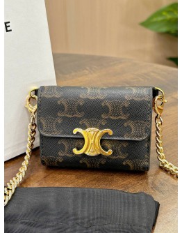 CELINE COIN PURSE / WALLET IN TRIOMPHE CANVAS & GOLD HARDWARE WITH CROSSBODY CHAIN