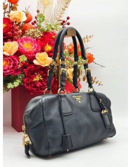 PRADA BAULETTO SHOULDER BAG IN BLACK VITELLO DAINO LEATHER