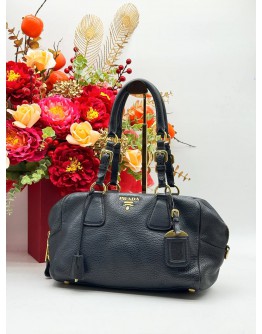 PRADA BAULETTO SHOULDER BAG IN BLACK VITELLO DAINO LEATHER