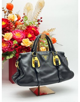 PRADA BAULETTO TOP HANDLE & SHOULDER BAG IN BLACK CALFSKIN LEATHER