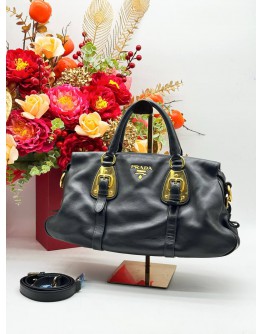 PRADA BAULETTO TOP HANDLE & SHOULDER BAG IN BLACK CALFSKIN LEATHER
