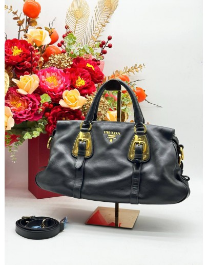 PRADA BAULETTO TOP HANDLE & SHOULDER BAG IN BLACK CALFSKIN LEATHER