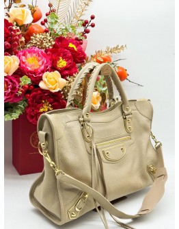 BALENCIAGA GIANT CITY TOP HANDLE & SHOULDER BAG IN BEIGE GRAINED CALFSKIN LEATHER