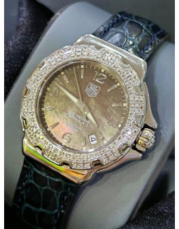 TAG HEUER FORMULA 1 LADY REF WAC1217 DIAMOND BEZEL BROWN MOTHER OF PEARL DIAL 37MM QUARTZ WATCH