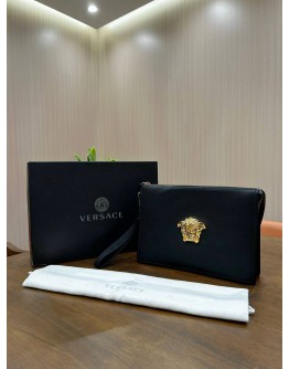 VERSACE LA MEDUSA HEAD IN GOLD AND BLACK CALFSKIN LEATHER CLUTCH