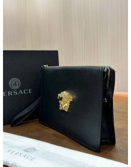 VERSACE LA MEDUSA HEAD IN GOLD AND BLACK CALFSKIN LEATHER CLUTCH