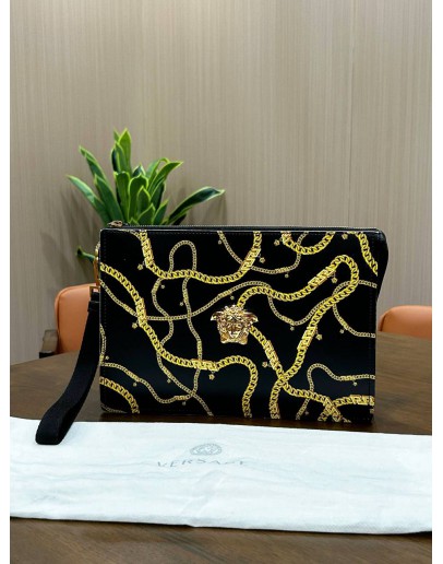 VERSACE BAROQUE LA MEDUSA HEAD IN GOLD AND BLACK & YELLOW CALFSKIN LEATHER CLUTCH