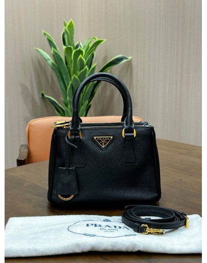 PRADA MINI GALLERIA IN BLACK SAFFIANO LEATHER WITH GOLD HARDWARE & STRAP  