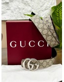 GUCCI REVERSIBLE BELT IN GG PRINTS & BLACK WITH SILVER BUCKLE