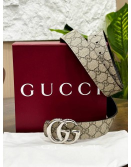 GUCCI REVERSIBLE BELT IN GG PRINTS & BLACK WITH SILVER BUCKLE