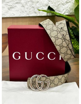 GUCCI REVERSIBLE BELT IN GG PRINTS & BLACK WITH SILVER BUCKLE