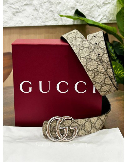 GUCCI REVERSIBLE BELT IN GG PRINTS & BLACK WITH SILVER BUCKLE