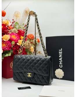 2016 CHANEL CLASSIC JUMBO DOUBLE FLAP SHOULDER BAG IN BLACK CAVIAR LEATHER