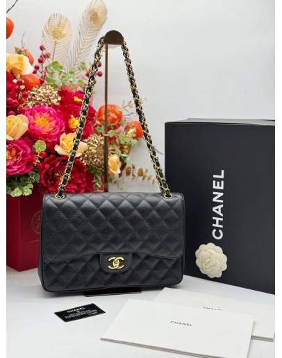 2016 CHANEL CLASSIC JUMBO DOUBLE FLAP SHOULDER BAG IN BLACK CAVIAR LEATHER