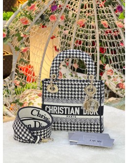 CHRISTIAN DIOR MINI LADY DIOR D-LITE HANDLE HANDBAG HOUNDSTOOTH BLACK & WHITE CLOTH CANVAS