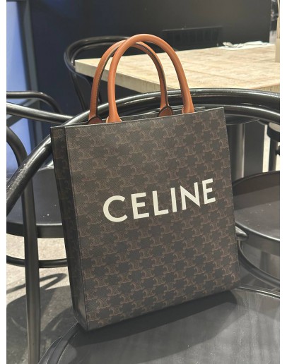 CELINE SMALL VERTICAL CABAS TOTE HANDLE BAG IN TRIOMPHE CANVAS & LEATHER WITH STRAP