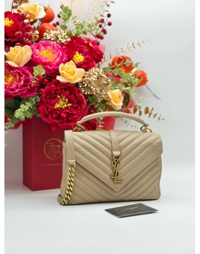 2021 YSL SAINT LAURENT COLLEGE MEDIUM TOP HANDLE & SHOULDER BAG IN BEIGE CALFSKIN LEATHER