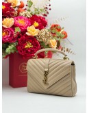2021 YSL SAINT LAURENT COLLEGE MEDIUM TOP HANDLE & SHOULDER BAG IN BEIGE CALFSKIN LEATHER