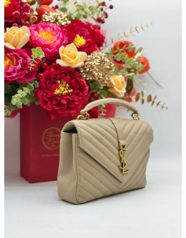 2021 YSL SAINT LAURENT COLLEGE MEDIUM TOP HANDLE & SHOULDER BAG IN BEIGE CALFSKIN LEATHER