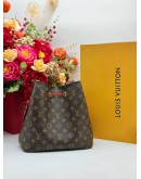 2018 LOUIS VUITTON NEONOE MM SHOULDER BAG IN BROWN MONOGRAM CANVAS & RED CALFSKIN LEATHER 