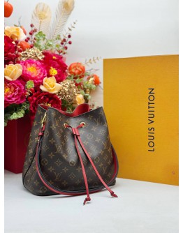 2018 LOUIS VUITTON NEONOE MM SHOULDER BAG IN BROWN MONOGRAM CANVAS & RED CALFSKIN LEATHER 