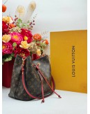 2018 LOUIS VUITTON NEONOE MM SHOULDER BAG IN BROWN MONOGRAM CANVAS & RED CALFSKIN LEATHER 