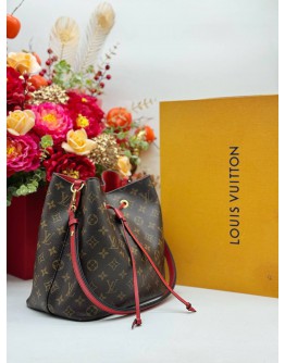2018 LOUIS VUITTON NEONOE MM SHOULDER BAG IN BROWN MONOGRAM CANVAS & RED CALFSKIN LEATHER 
