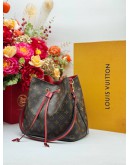 2018 LOUIS VUITTON NEONOE MM SHOULDER BAG IN BROWN MONOGRAM CANVAS & RED CALFSKIN LEATHER 