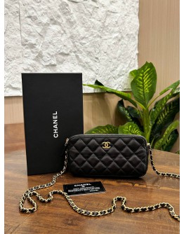 CHANEL DOUBLE ZIP CLUTCH WITH CHAIN IN BLACK LAMBSKIN LEATHER
