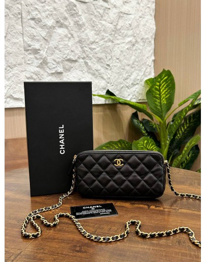 CHANEL DOUBLE ZIP CLUTCH WITH CHAIN IN BLACK LAMBSKIN LEATHER