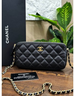 CHANEL DOUBLE ZIP CLUTCH WITH CHAIN IN BLACK LAMBSKIN LEATHER