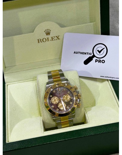 ROLEX DAYTONA CHRONOGRAPH REF 116523 MOTHER OF PEARL DIAMONDS DIAL WITH HALF 18K 750 YELLOW GOLD 40MM AUTOMATIC WATCH