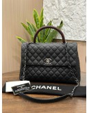 CHANEL COCO HANDLE BAG IN BLACK CAVIAR LEATHER WITH LIZARD EMBOSSED TOP HANDLE & SILVER HARDWARE 