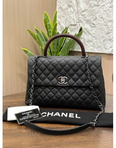 CHANEL COCO HANDLE BAG IN BLACK CAVIAR LEATHER WITH LIZARD EMBOSSED TOP HANDLE & SILVER HARDWARE 