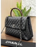 CHANEL COCO HANDLE BAG IN BLACK CAVIAR LEATHER WITH LIZARD EMBOSSED TOP HANDLE & SILVER HARDWARE 