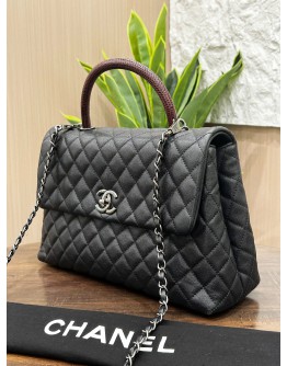 CHANEL COCO HANDLE BAG IN BLACK CAVIAR LEATHER WITH LIZARD EMBOSSED TOP HANDLE & SILVER HARDWARE 