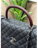 CHANEL COCO HANDLE BAG IN BLACK CAVIAR LEATHER WITH LIZARD EMBOSSED TOP HANDLE & SILVER HARDWARE 