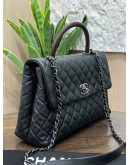 CHANEL COCO HANDLE BAG IN BLACK CAVIAR LEATHER WITH LIZARD EMBOSSED TOP HANDLE & SILVER HARDWARE 