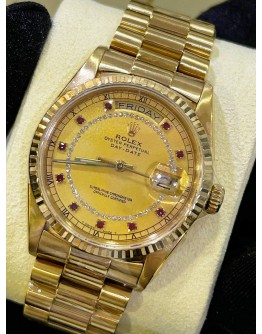 ROLEX PRESIDENT DAY-DATE 36 REF 18038 FULL 18K 750 YELLOW GOLD FACTORY DIAMONDS STRING RUBY DIAMOND STONE 36MM DIAL AUTOMATIC WATCH 