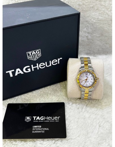 TAG HEUER AQUARACER LADY HALF 18K 750 YELLOW GOLD REF WBD1320 MOTHER OF PEARL DIAL 32MM QUARTZ WATCH 