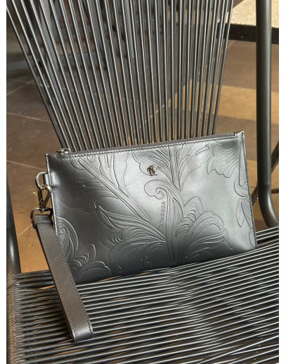 VERSACE BAROCCO EMBOSSED CLUTCH IN BLACK LEATHER 