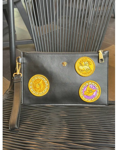 VERSACE PATTERN CLUTCH IN BLACK & YELLOW LEATHER / CANVAS 