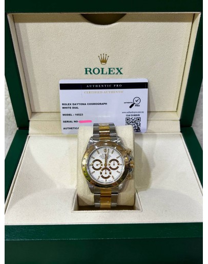 ROLEX DAYTONA SUPERLATIVE CHRONOGRAPH COSMOGRAPH HALF 18K 750 YELLOW GOLD REF 16523 WHITE DIAL 40MM AUTOMATIC WATCH 